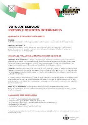 Eleições Assembleia República Portuguesa - voto antecipado por doentes internados e presos