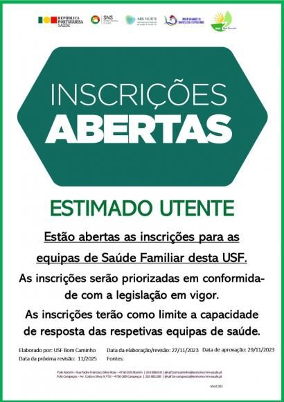 Inscrições Abertas "Novos Utentes" USF Bom Caminho Carapeços - Aborim