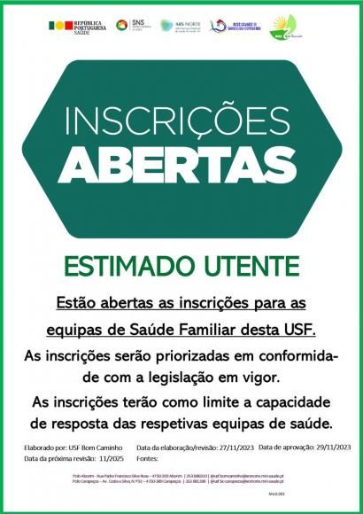 Inscrições Abertas "Novos Utentes" USF Bom Caminho Carapeços - Aborim